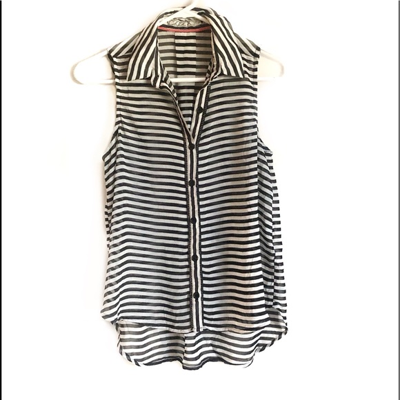 Chloe K Button-Up Black and White Striped Collared Sheer Tank Top - Picture 1 of 3